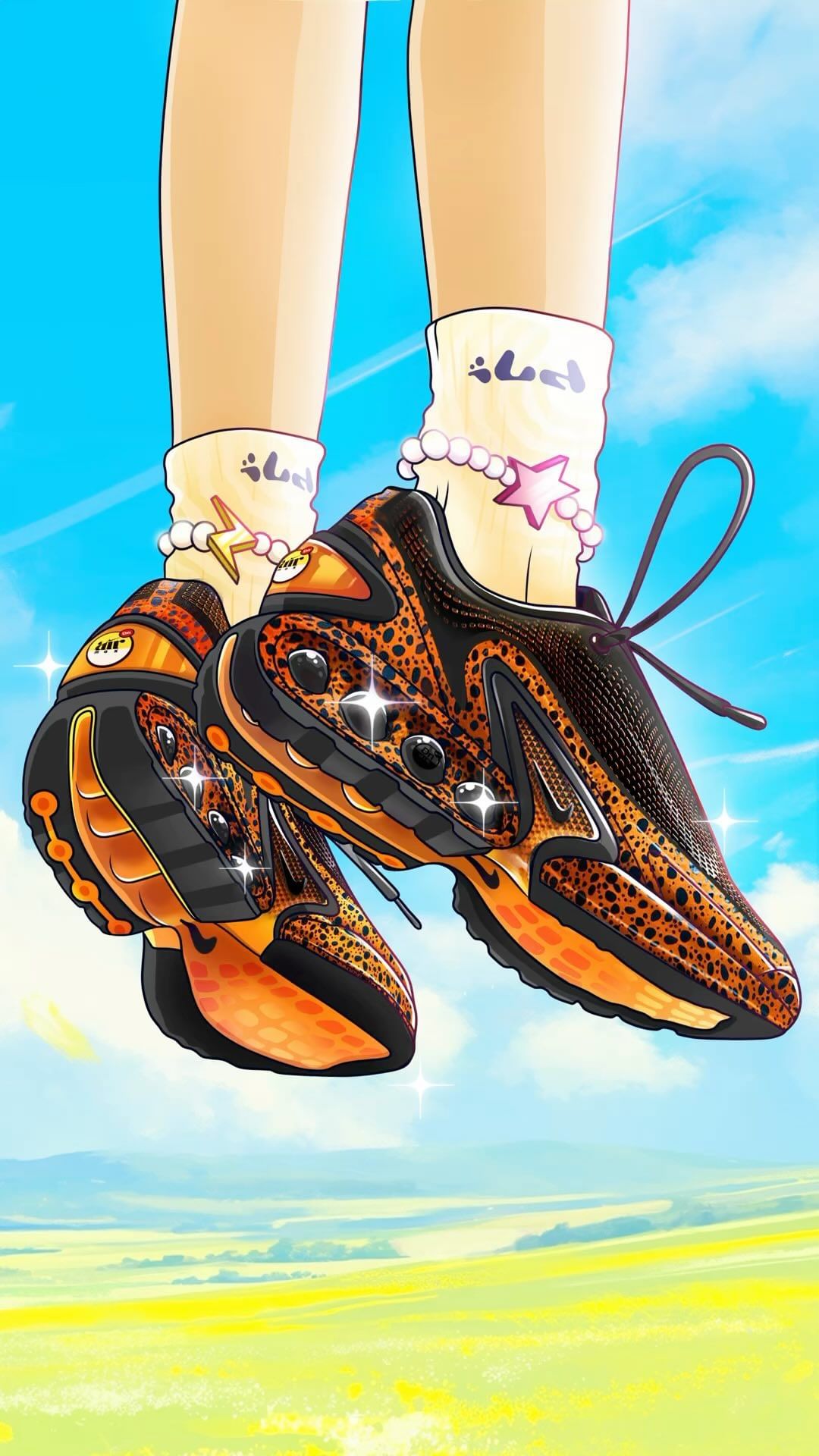Illustrated shot of a person’s legs and feet wearing black and orange sneakers, standing in front of a landscape and blue sky.
