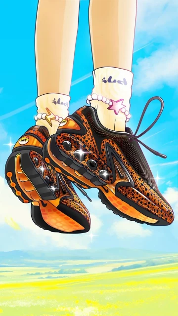 Illustrated shot of a person’s legs and feet wearing black and orange sneakers, standing in front of a landscape and blue sky.