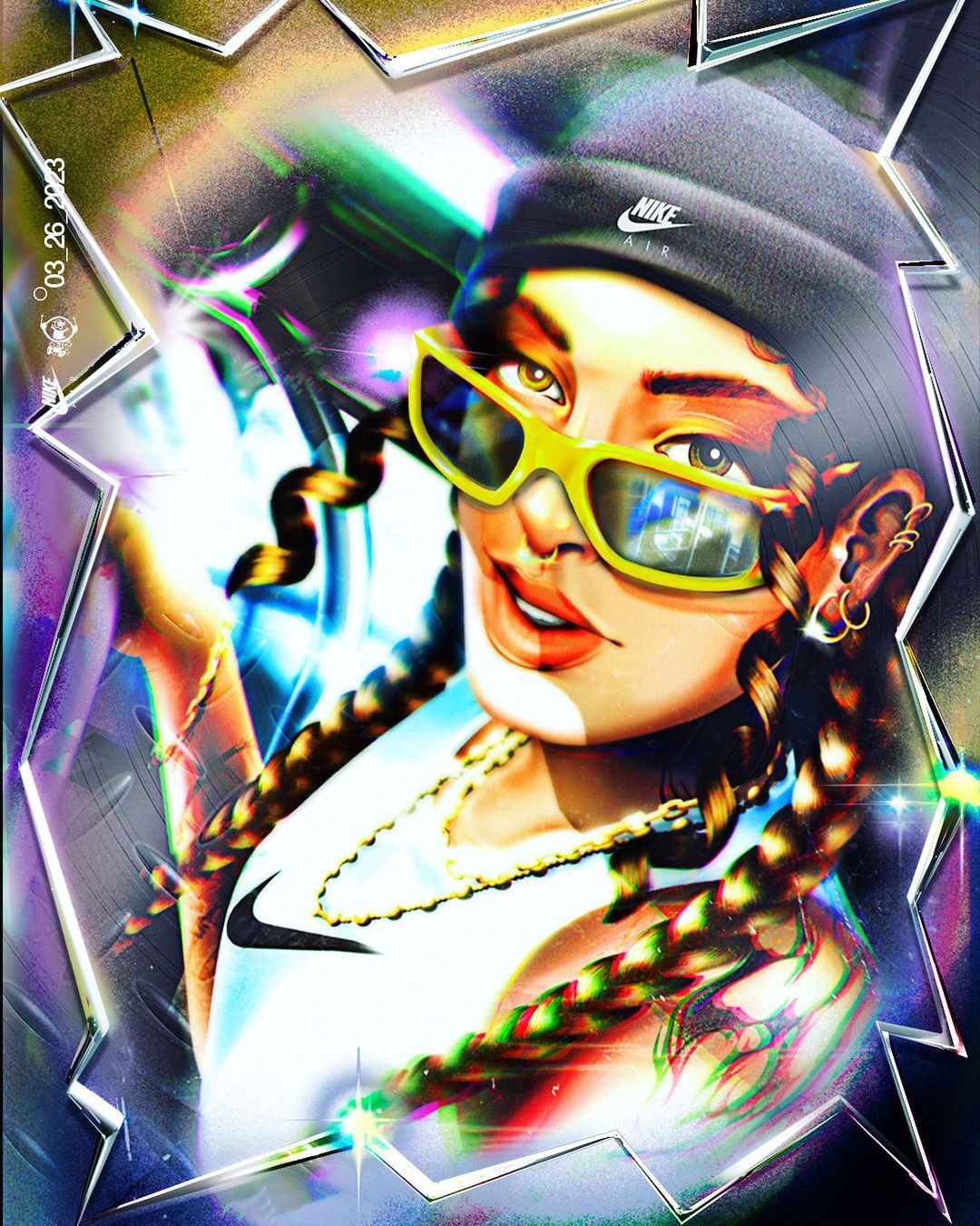 Digitally enhanced portrait of a woman with braids wearing yellow sunglasses and a Nike beanie, set against an abstract background.