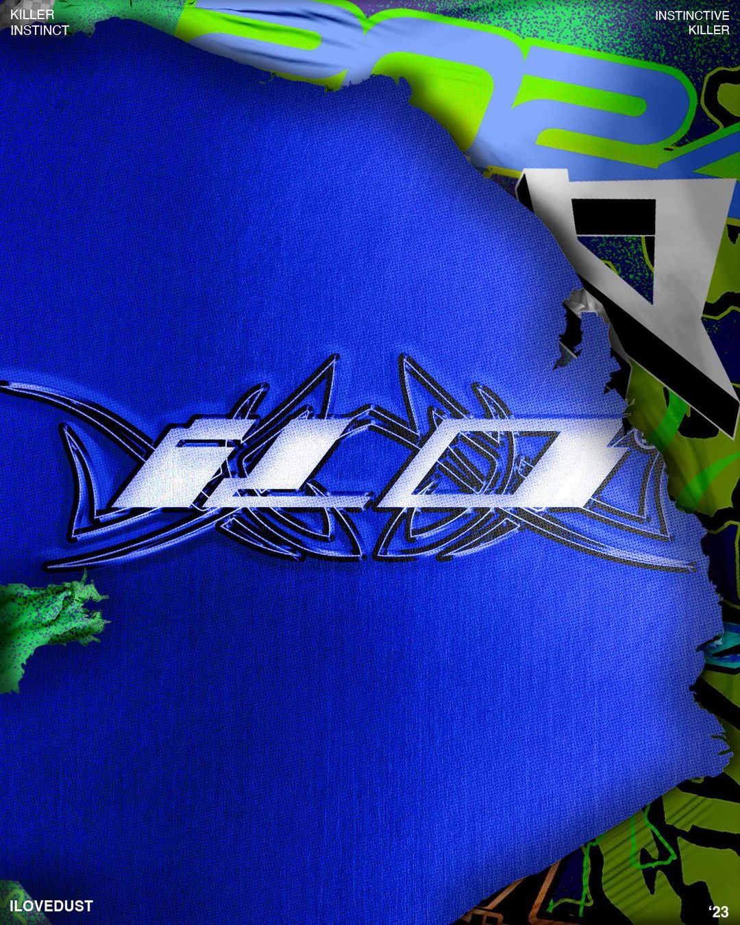 Abstract art featuring a central design on a blue textured background with neon green and black elements adding contrast.