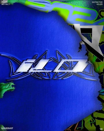 Abstract art featuring a central design on a blue textured background with neon green and black elements adding contrast.