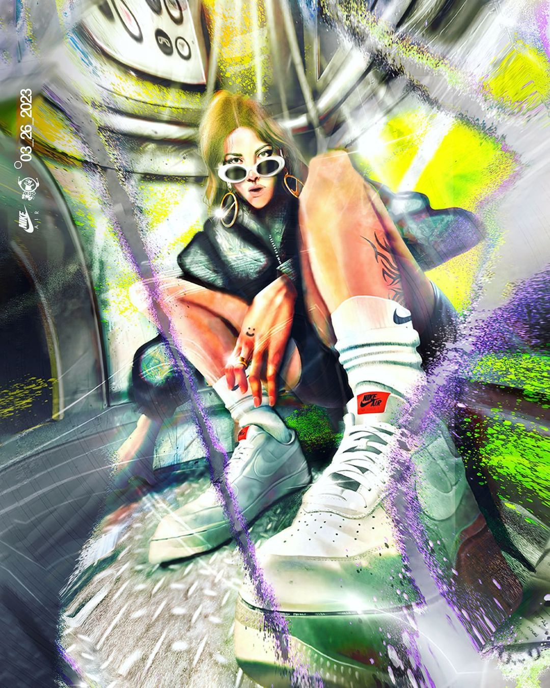 Illustration of a blonde adult woman with sunglasses, wearing fashionable clothing and shoes, sitting on a metallic surface.