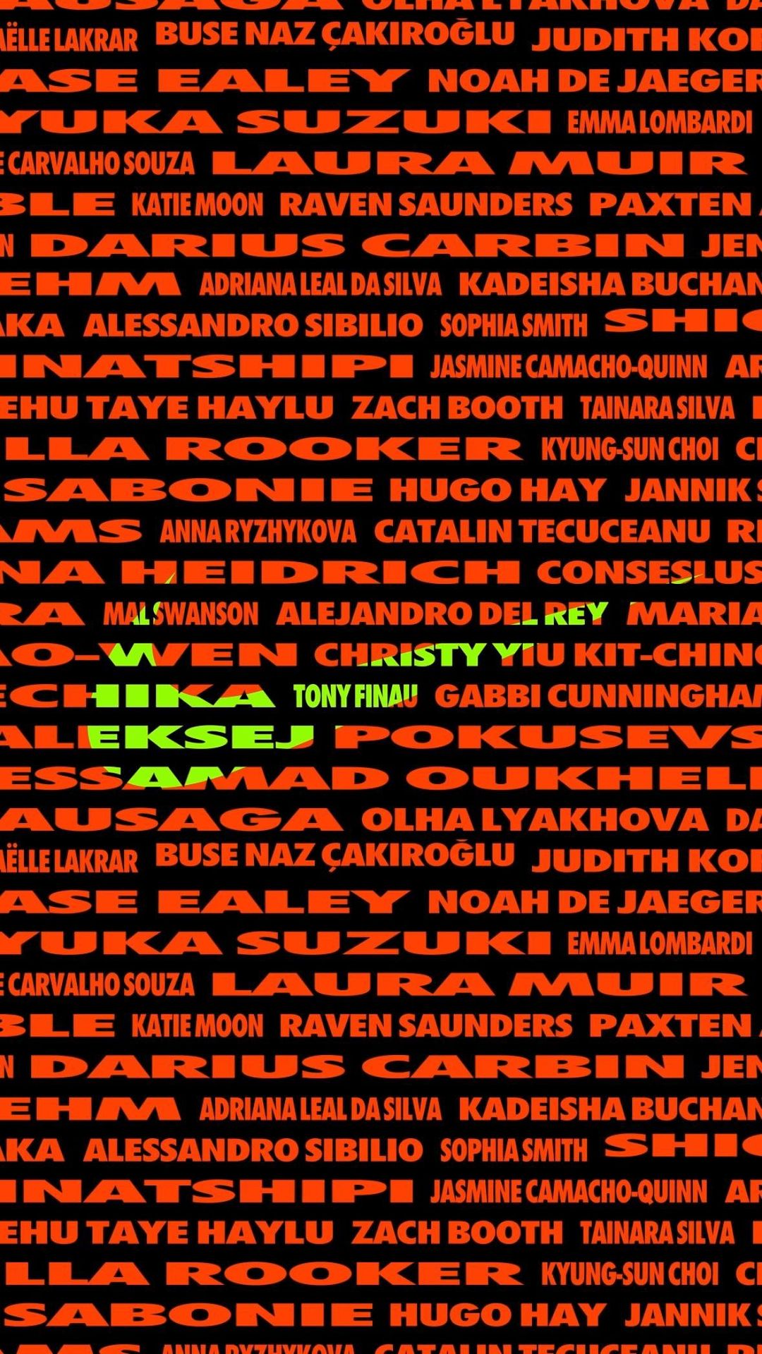Orange and green text on a black background displays a list of names and other words; the font appears to be semi-bold and sans-serif.