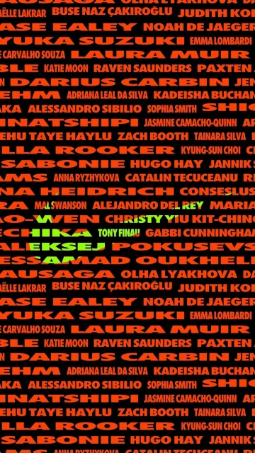 Orange and green text on a black background displays a list of names and other words; the font appears to be semi-bold and sans-serif.