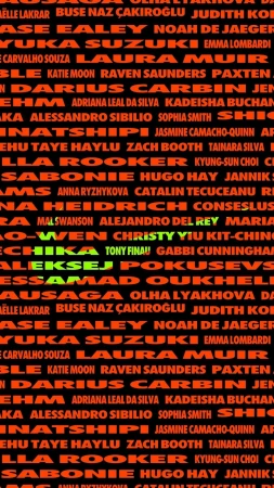 Orange and green text on a black background displays a list of names and other words; the font appears to be semi-bold and sans-serif.
