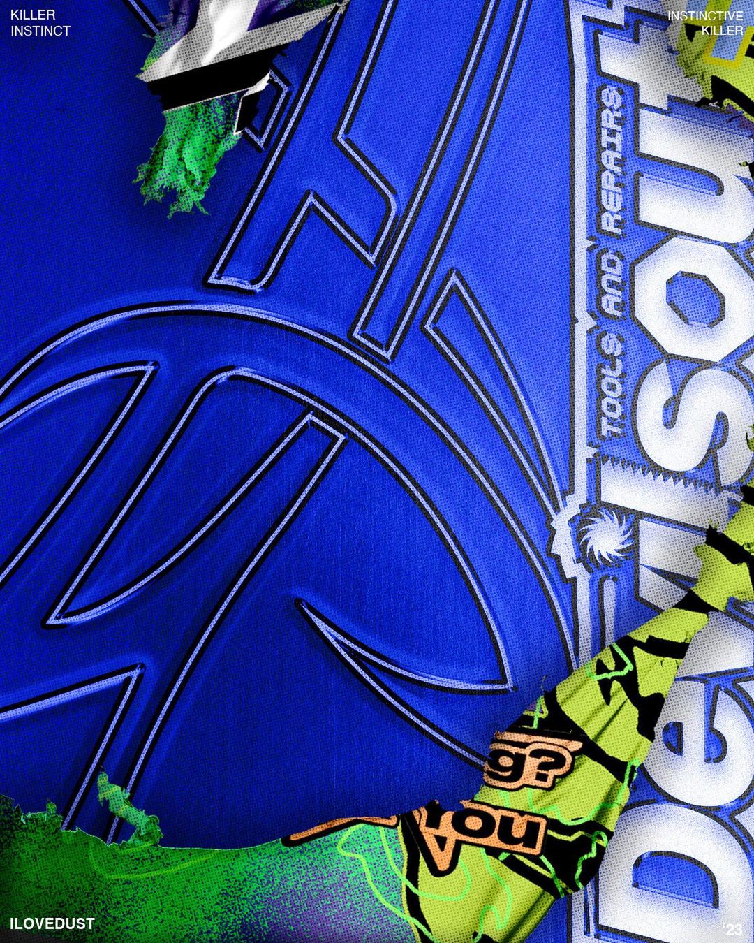 Graphic design with blue background and abstract shapes, showcasing artistic typography and modern design elements for visual communication.
