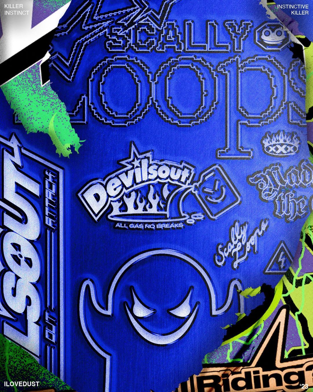 Graphic design poster with bold typography in blue, white, and black featuring brand names, slogans, and cartoon ghost illustration.