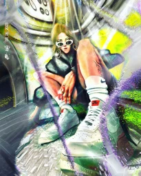 Digital illustration of a woman wearing white sunglasses and sneakers by Ilovedust with dynamic perspective and textured brushwork.