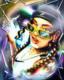 Digital illustration of a person wearing yellow sunglasses, a beanie, and gold chains framed within shattered glass