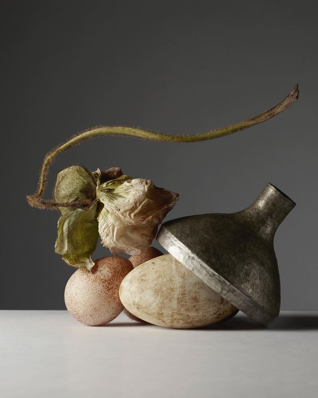 Still life photography of a silver vase, eggs, and green flower on a white surface against a grey background in a studio setting.