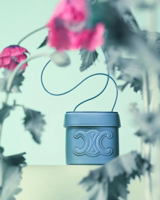 Light blue Celine handbag with handle, adorned with the brand logo, staged with out-of-focus pink poppies and dark foliage.