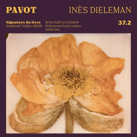 Dried flower with detailed stamen in center, presented in a graphic design with text regarding a book signing on a muted purple background.