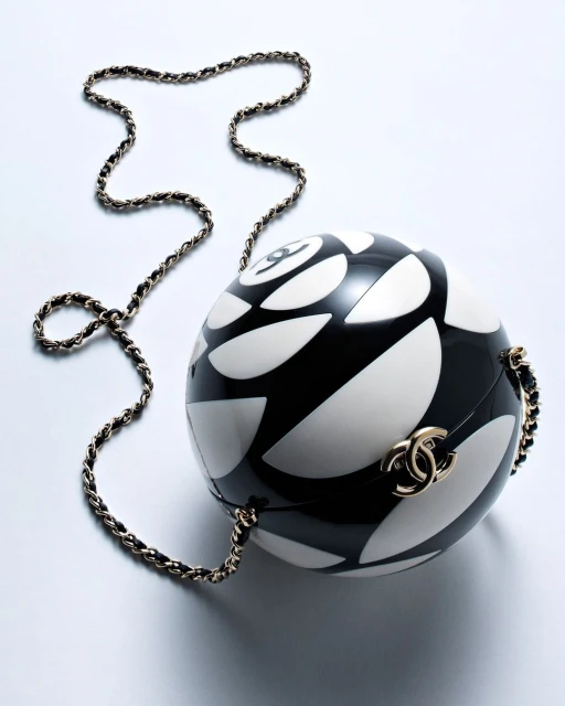 Black and white sphere purse with chain strap. The handbag is designer and sits on a white background. Fashionable and upscale.