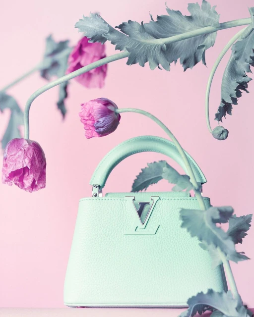 Close-up studio shot of a light green leather handbag with pink poppy flowers, on a pastel pink background.