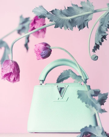 Close-up studio shot of a light green leather handbag with pink poppy flowers, on a pastel pink background.