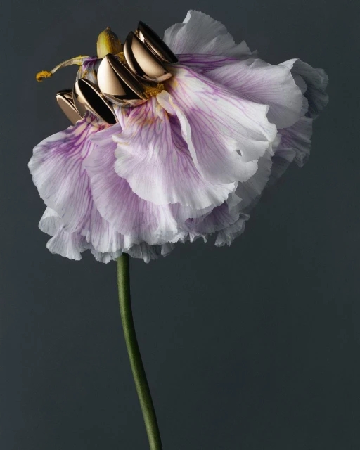 Macro shot of a light purple flower with metal nail decorations arranged on top, set against a dark neutral background.