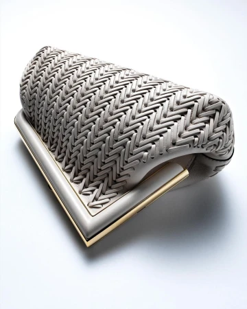 Beige woven clutch purse with gold-toned trim on white backdrop, product shot for fashion accessory, promoting luxury and style.