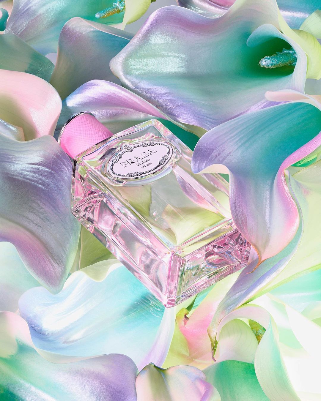 Prada fragrance bottle is surrounded by iridescent calla lily flowers in a studio shot emphasizing beauty and luxury.