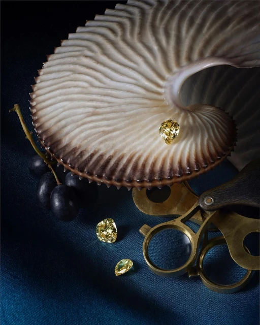 Close-up of three yellow diamonds, resting on a blue cloth with an nautilus shell and antique magnifying glass, studio lighting.