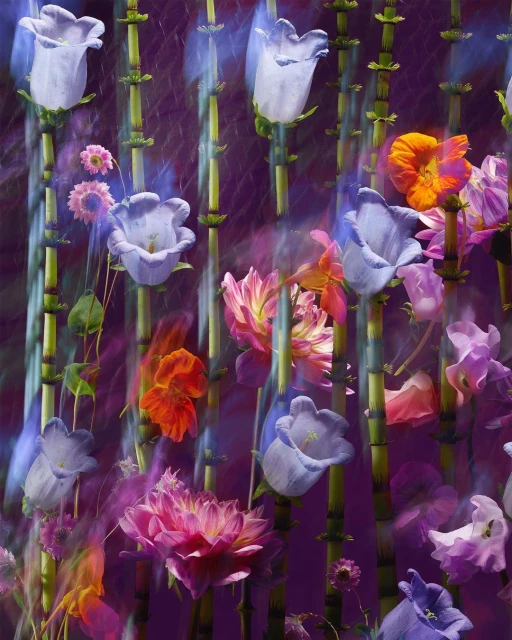 Floral still life with pastel-colored bellflowers, pink dahlias, and green stalks on a dark purple background with soft, blurred lighting.