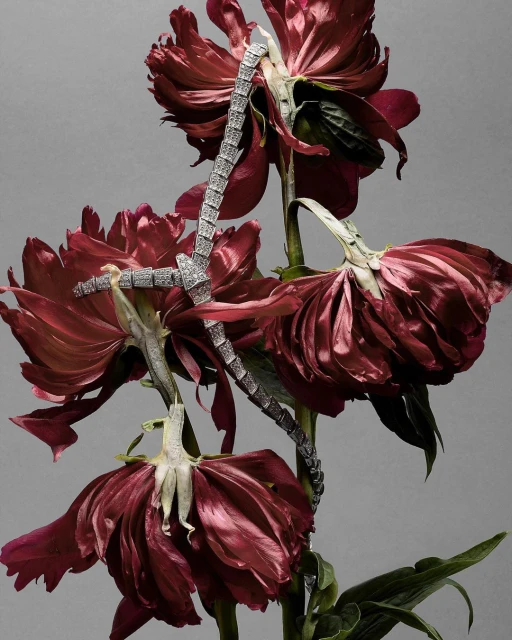 Elegant diamond bracelet intertwined with wilting dark red peonies on a gray background, showcasing luxury jewelry and floral beauty.