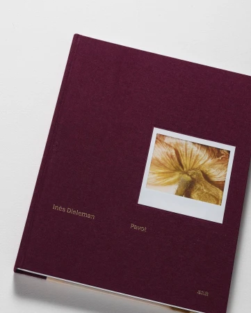 Book cover featuring close-up of plant in a square frame on a dark red book with gold text against a white surface.