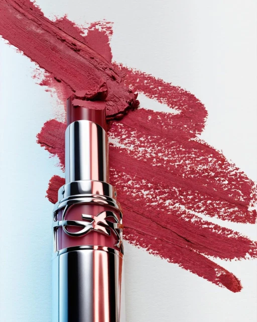 Close-up of a red lipstick tube with a smudge of lipstick in the background, set against a white surface.