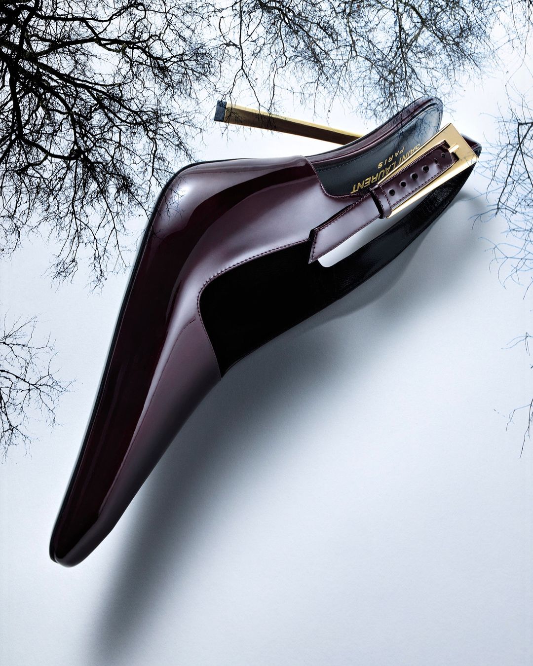 Burgundy patent-leather pump with gold heel and ankle strap buckle, set against a mottled grey and white surface with a bare tree branch.