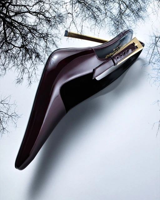 Burgundy patent-leather pump with gold heel and ankle strap buckle, set against a mottled grey and white surface with a bare tree branch.
