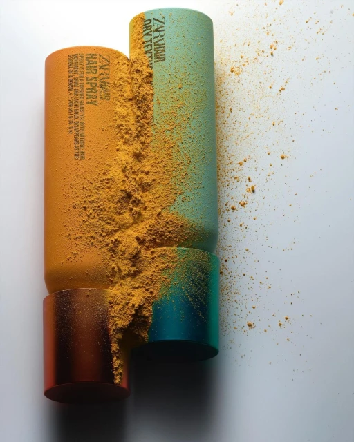 Two colorful hairspray cans, one orange and one teal, are partially covered in loose, golden-brown powder against a white backdrop.