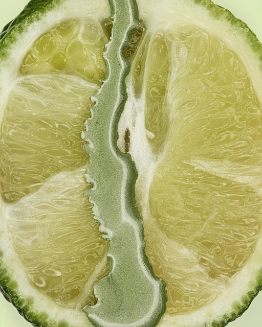 Cross-section of a bergamot fruit, showing its vibrant green rind, pale yellow pulp, and the unique shape of the fruit's internal structure.