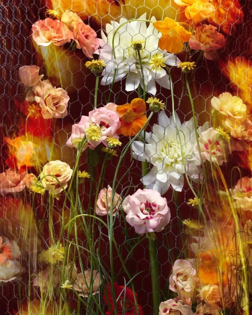 Floral arrangement of dahlias, roses, and other flowers in a wire mesh against a dark red background in a studio setting.