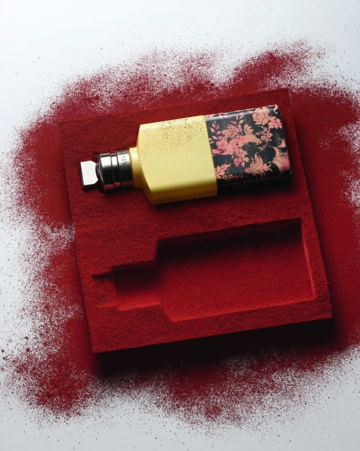 Still life studio shot of a perfume bottle lying on a bed of red powder with its imprint on a red powdered surface against white.
