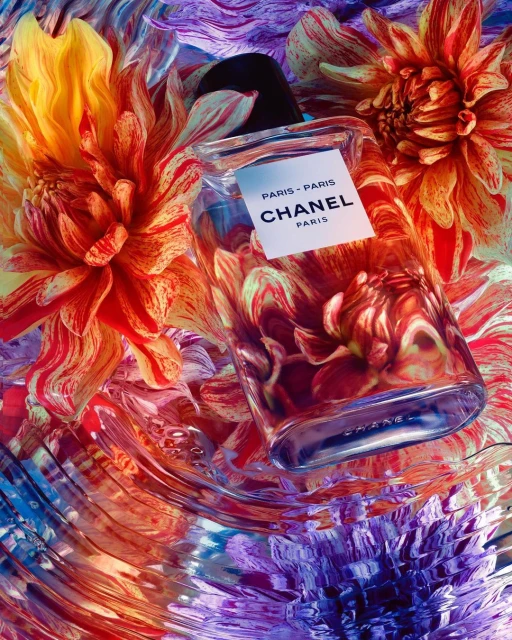 Close-up of a Chanel Paris perfume bottle surrounded by orange, yellow, and purple flowers in a rippled water-like setting.