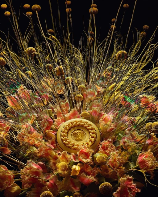 Botanical art featuring a striking arrangement of dried flowers, grasses, and a central decorative element against a black backdrop.