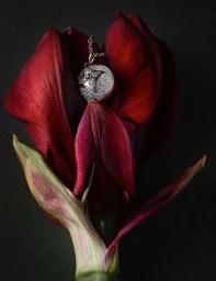 Diamond pendant necklace nestled inside a deep red amaryllis flower against a dark background