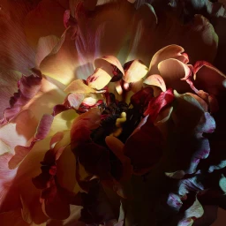 Extreme macro close-up of a blooming flower featuring layered ruffled petals in deep red burgundy and warm peach tones.