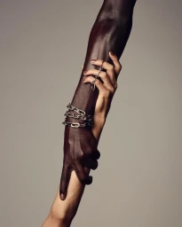 Two hands holding each other wearing silver chain bracelets and rings against a plain grey background