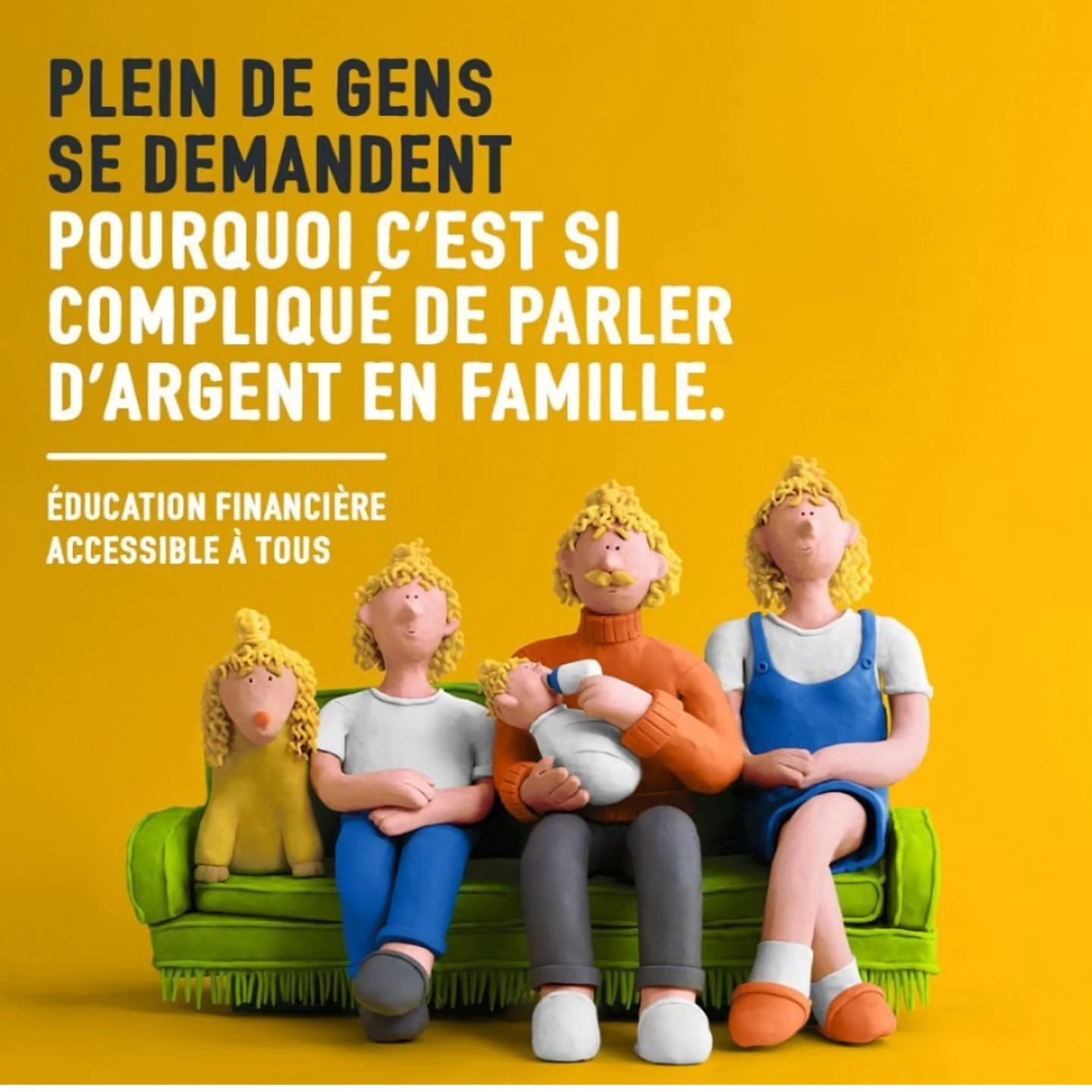 Clay animation graphic promoting financial education with a family of four seated on a green couch against a yellow background. 