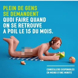 Claymation figure of a person lying on a striped towel reading a green book against a solid blue background with French text.