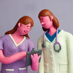 Claymation sculpture of two female medical professionals in purple scrubs and a white doctor coat holding a clipboard
