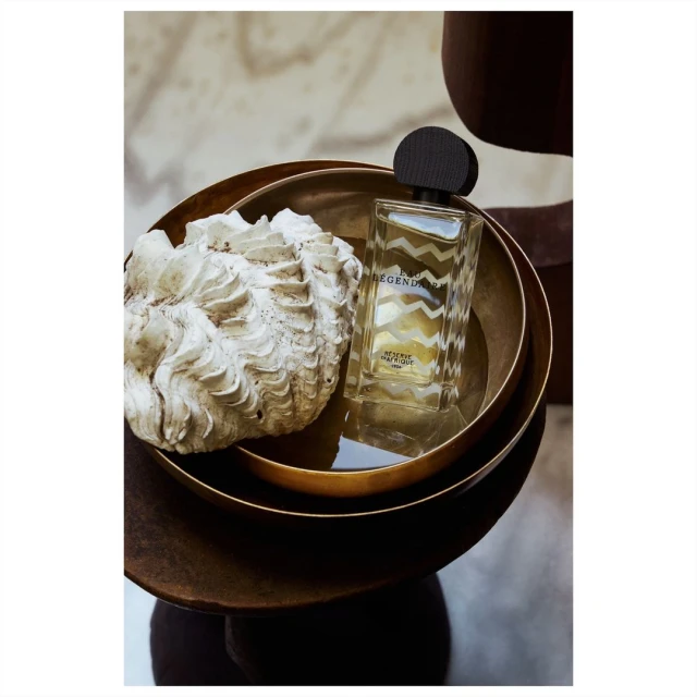 Product shot of a clear glass perfume bottle with black cap, next to a textured white shell, sitting in a gold bowl on a brown pedestal.