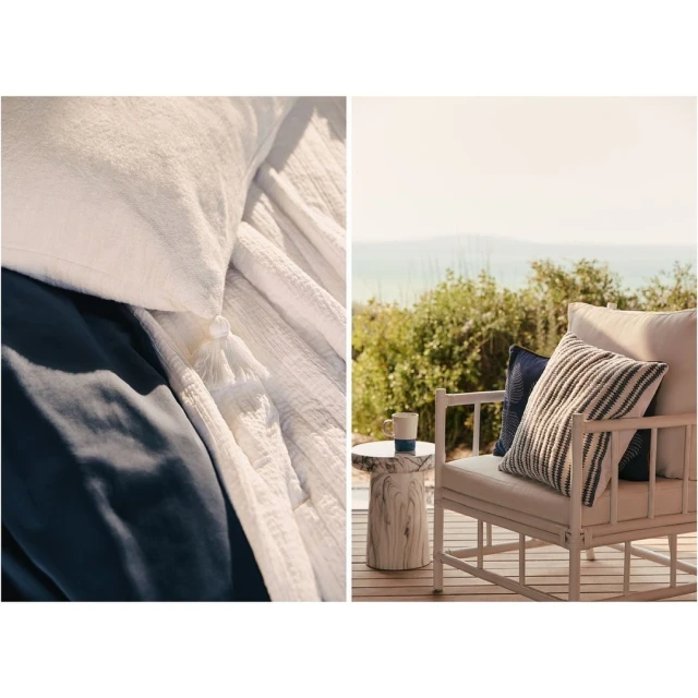 Indoor lifestyle setting features a cozy bed with textured linens, accent pillows, and a serene outdoor view from a white chair on a porch.
