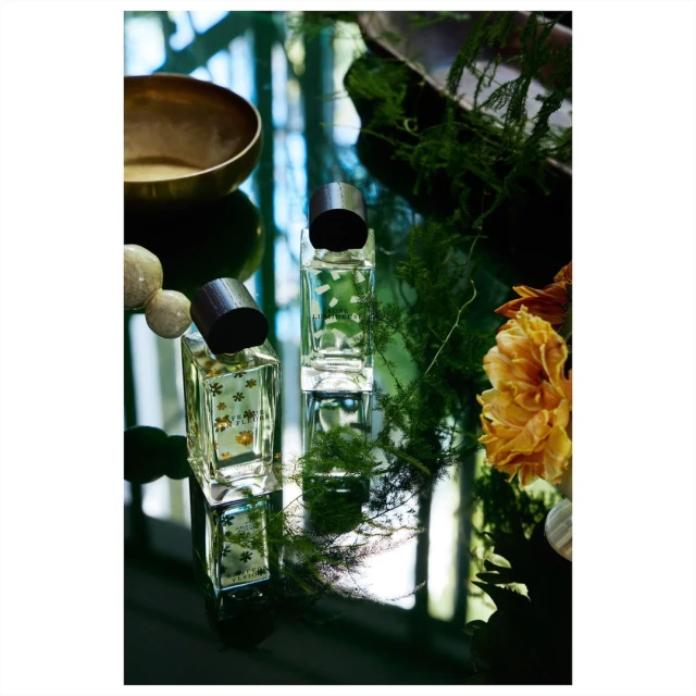 Two clear glass perfume bottles on a reflective surface surrounded by plants, flowers, and a bronze bowl in soft, natural light.