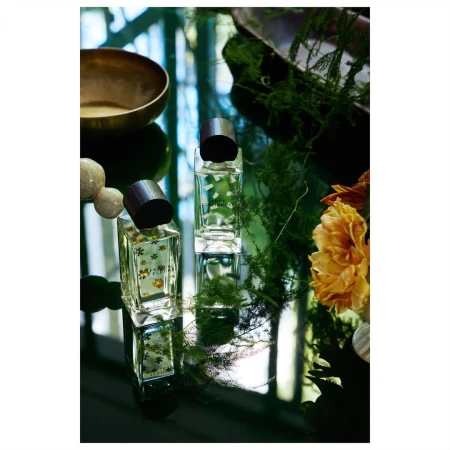 Two clear glass perfume bottles on a reflective surface surrounded by plants, flowers, and a bronze bowl in soft, natural light.