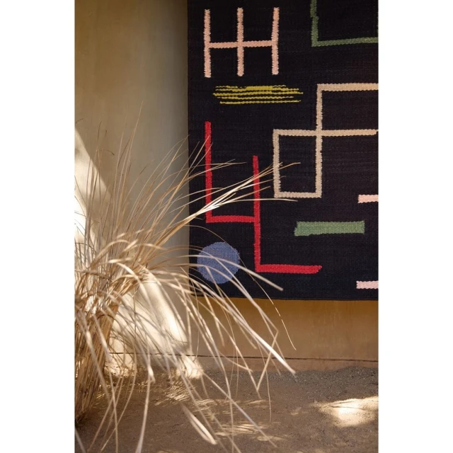 Abstract patterned wool rug hanging indoors with linear designs in coral, light blue, tan, green, and white on a dark background.