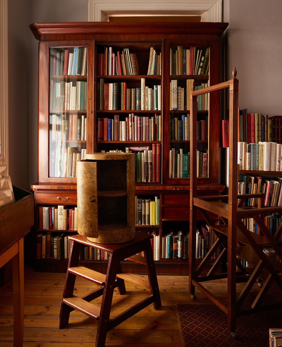 Bookshelves filled with books, a wooden step stool, and a unique cabinet in an indoor setting create a cozy and intellectual atmosphere.