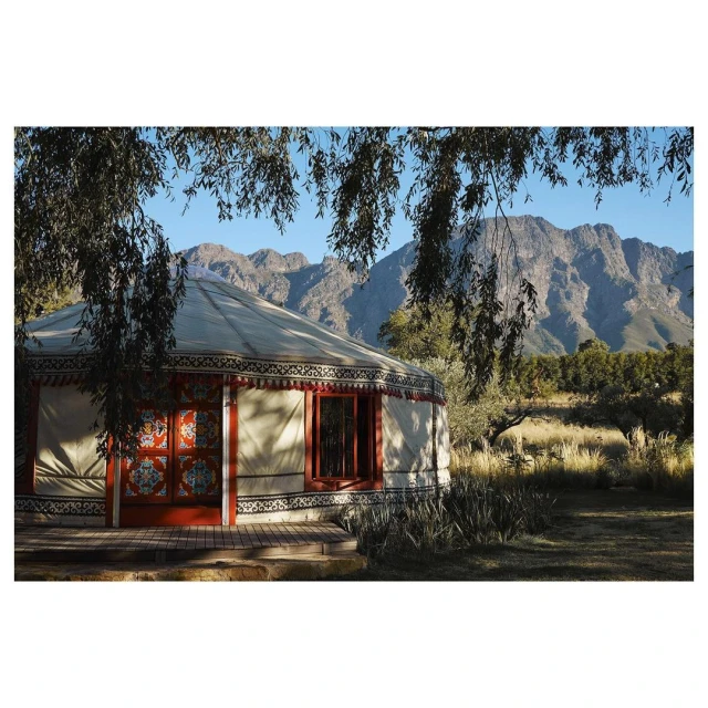 A yurt with red trim sits on a wooden platform with mountains in the background, framed by tree branches in the foreground.