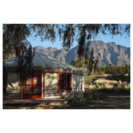A yurt with red trim sits on a wooden platform with mountains in the background, framed by tree branches in the foreground.