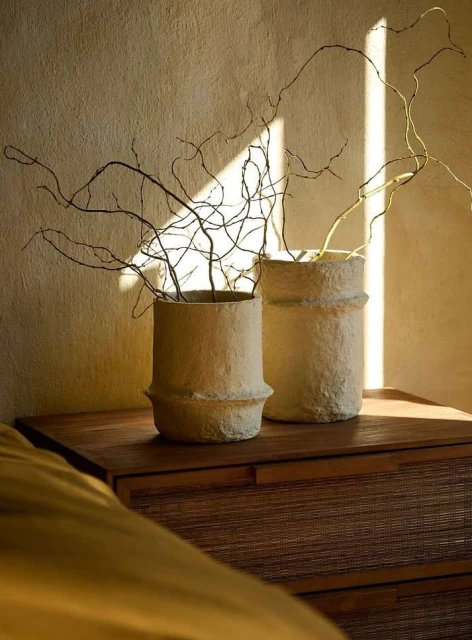 Two textured vases with bare branches sit on a wooden dresser, bathed in soft, warm light, creating a minimalist, serene interior scene.